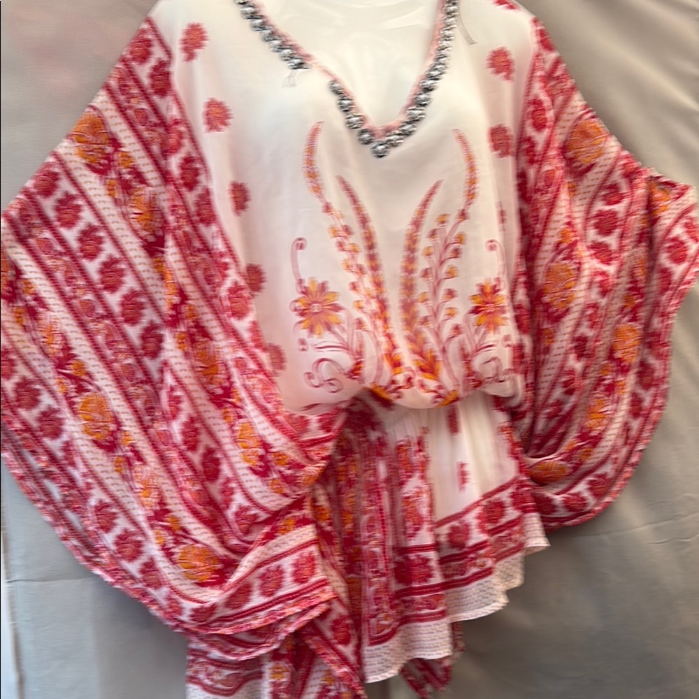 White and Red Asymmetrical Tunic with Dolman Sleeves